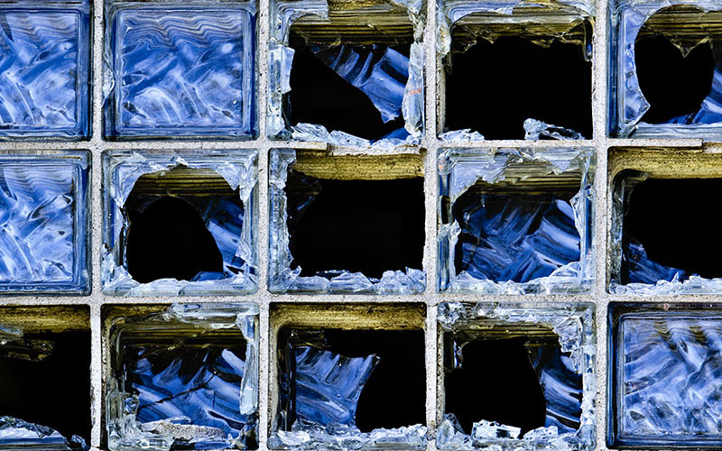 Broken glass block window 