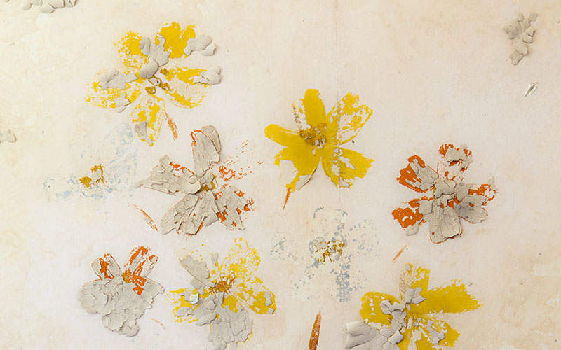 Pealing painted flowers on wall